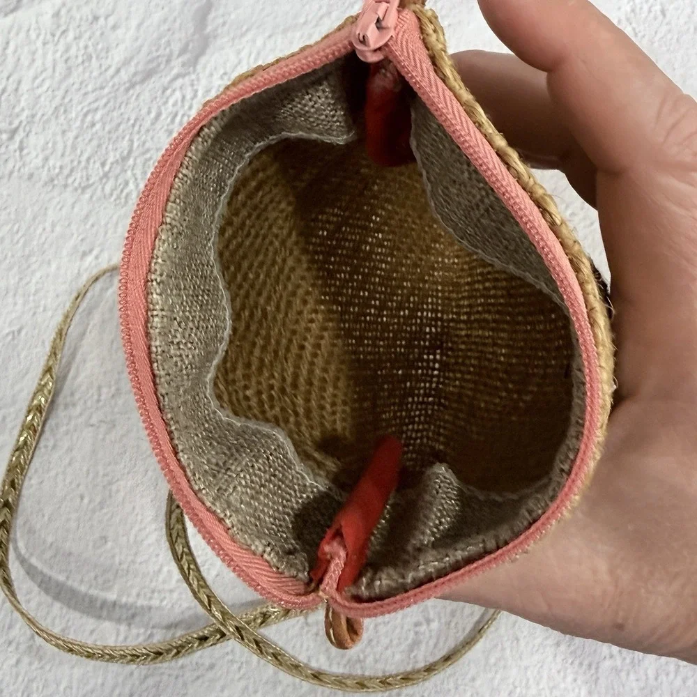Boho Jute Straw Crossbody Bag‎ Small Pink Crochet Flower Fringe Purse